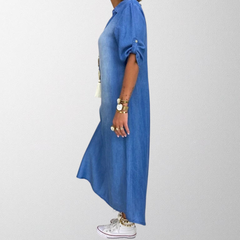 Olivia- Long dress in denim look with side slit