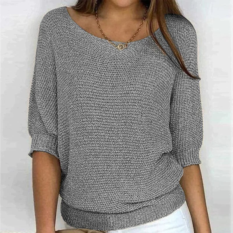 Harper – Solid-color sweater with round neckline and three-quarter sleeves